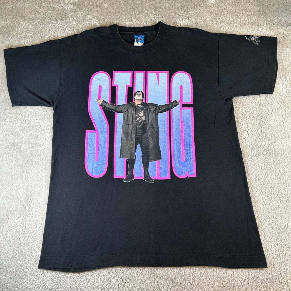 Vintage 90s Sting WCW Wrestling Graphic T-Shirt Black Mens Large Scorpion Sleeve